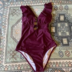Cupshe deep plunge one piece bathing suit with ruffle straps